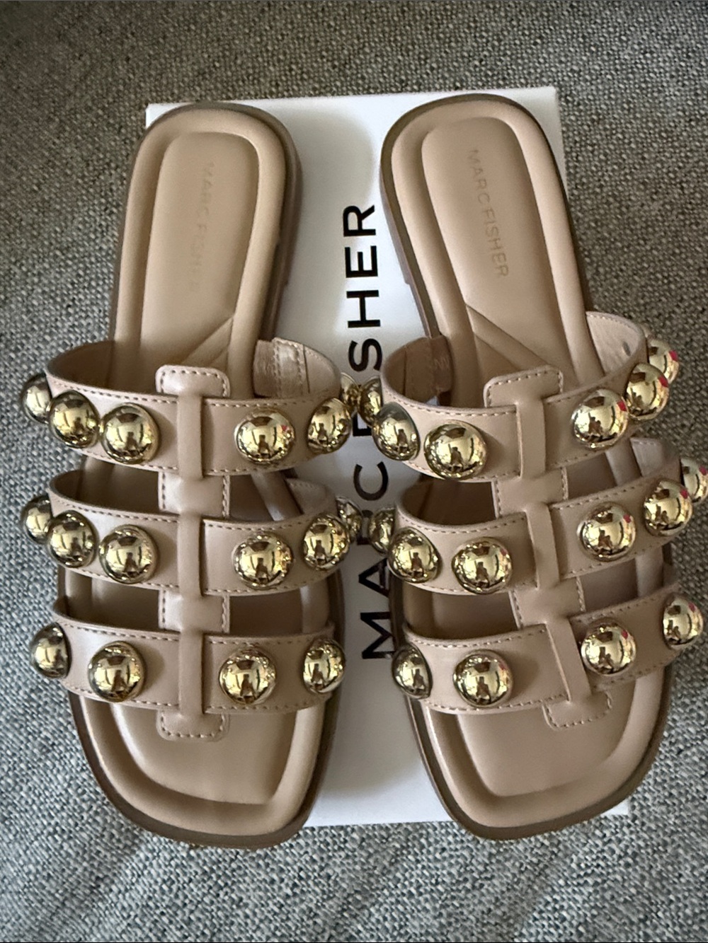 Marc Fisher Nude Triple-Strap Slide Sandals with Gold Dome Studs
